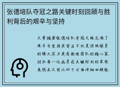 张德培队夺冠之路关键时刻回顾与胜利背后的艰辛与坚持