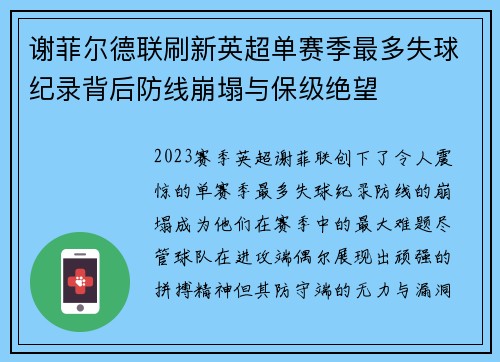谢菲尔德联刷新英超单赛季最多失球纪录背后防线崩塌与保级绝望